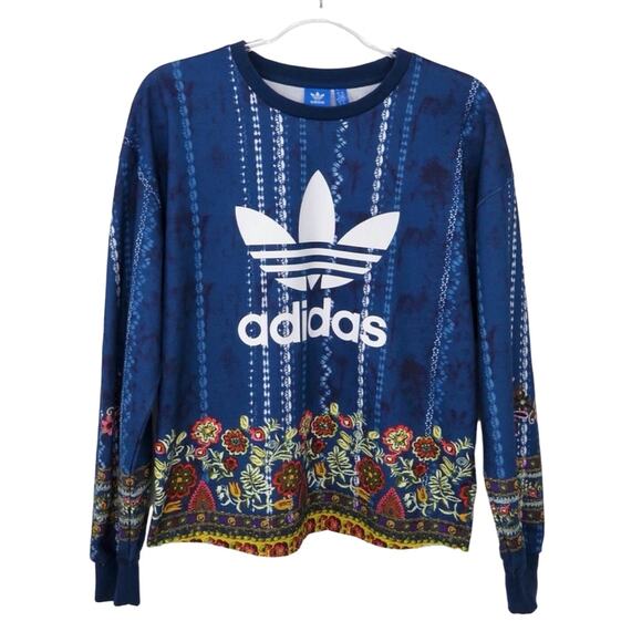 Adidas x Farm Rio Cirandeira Sweatshirt Cropped Blue Floral Crewneck Pullover XS - Picture 3 of 11